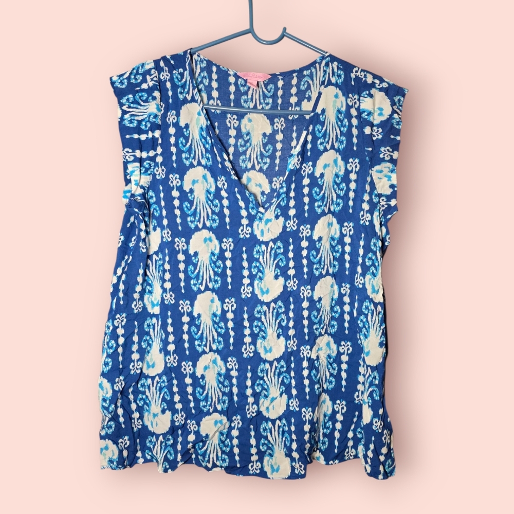 Lilly Pulitzer Top Blue Shelley Get in Line Indigo Jellyfish Short Sleeve Medium